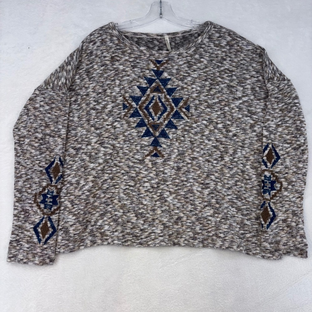 Roper Womens XL Southwestern Embroidered Marled Knit Boxy Pullover Sweater Brown